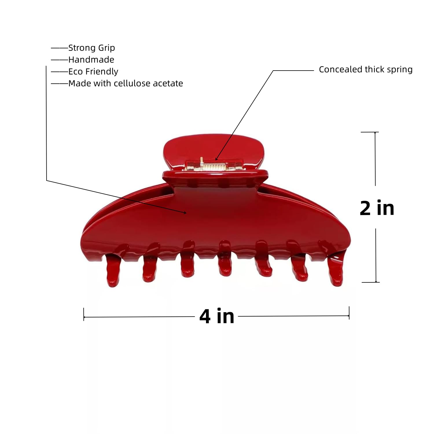 Premium durable acetate hair claw - cute clip for thick or thin hair - 4-Inch Non-slip hair clips -Flat hair claw clips. (Red) - Image 2