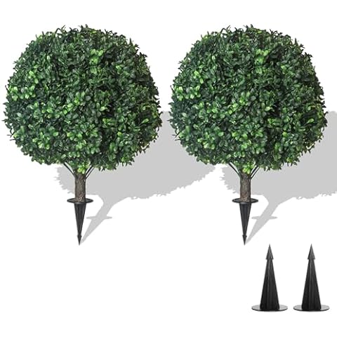 22''T Artificial Boxwood Topiary Ball Trees 2 Pack, Outdoors Artificial Bushes Faux Boxwood Plants, Artificial Shrubs Uv Rated Perfect for Outdoor, Indoor - Easy to Install. Cover