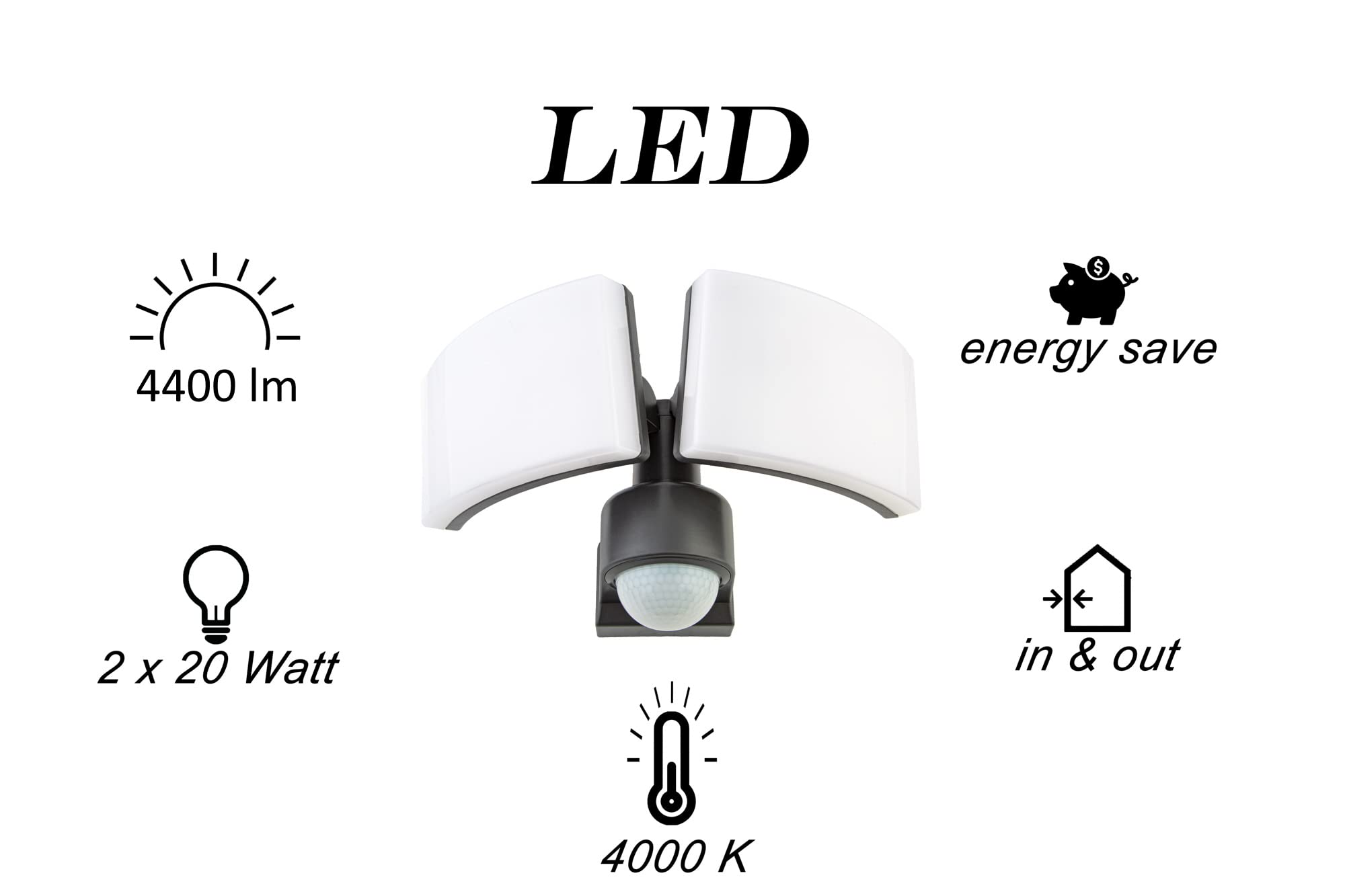 HUBER Foco LED con sensor de movimiento 360° 2 x 20 W, 3800 lm - 3 sensores, lentes matriciales y limitador de rango, montaje en pared y esquina, IP65, antracita