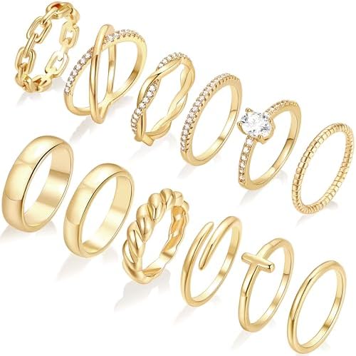 FAXHION 12 PCS Dainty 14K Gold Rings for Women, Open Chunky Twist Simulated Diamond Criss Cross Designs, Non Tarnish Gold Plated Stacking Thumb Ring, Perfect for Wedding Rings Size 5-11