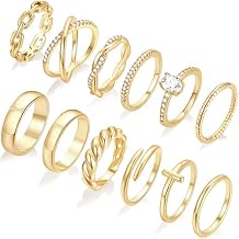 FAXHION 12 PCS Dainty 14K Gold Rings for Women, Eternity Open Chunky Twist Simulated Diamond Criss Cross Designs, Non Tarnish Gold Plated Stacking Thumb Ring, Perfect for Wedding Bands Size 5-11