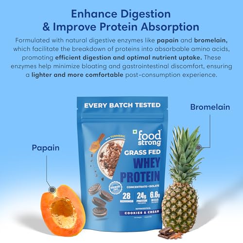 Image of Foodstrong Whey Protein Powder (Concentrate + Isolate), 100% Hormone Free Grass-Fed Whey, 24G Protein & 6.6G BCAA, Cookies & Cream, With Turmeric & Digestive Enzymes, 1KG