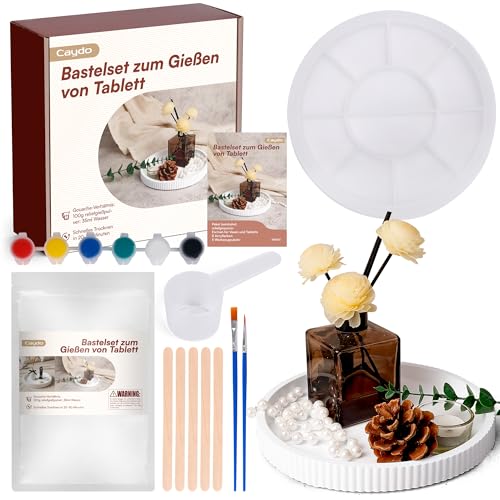 Caydo Gießpulver Starterset, Silikonformen Gießformen runde Paletten mit Gießpulver 500g, 22.5cm DIY Untersetzer Silikonformen Reliefgießpulver zum Ausgießen mit Kreativ-Beton, Schmuck-Beton, Gießharz