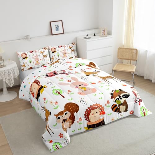 Image of Feelyou Cute Rabbit Bedding Set for Kids Toddler Queen Size Hedgehog Comforter Set Boys Girls Raccoon Owls Bedding Set Squirrel Duvet Insert 3Pcs