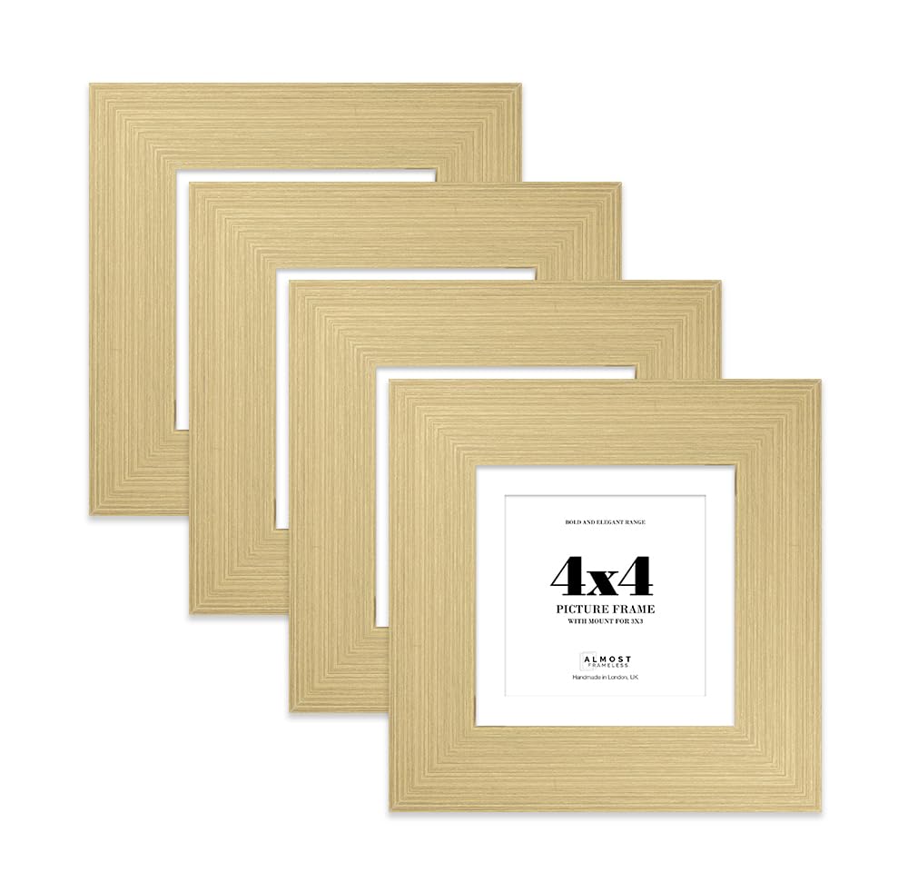 4x4" Gold Square Frame With Mount for 3x3" Pictures 28mm Edge Frame Display with Wall Hooks and Kickstand, 4 Pack