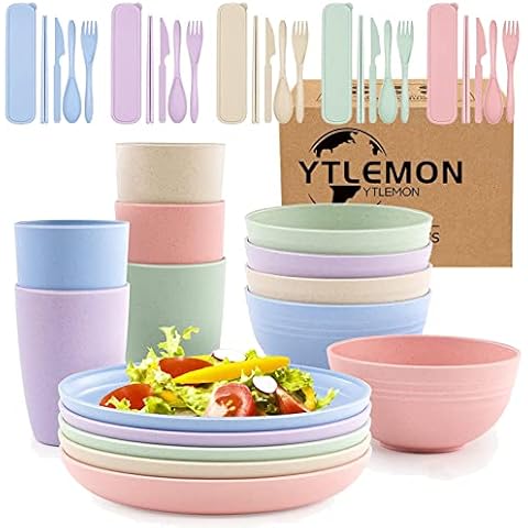 Plates and Bowls Set, Plastic Dinnerware Sets 40Pcs, Picnic Camping Dinner PP Sets, Party Dinner Plate Mug Cutlery Set, Unbreakable and Lightweight Serving Bowls, Cups, Forks, Tableware Cover