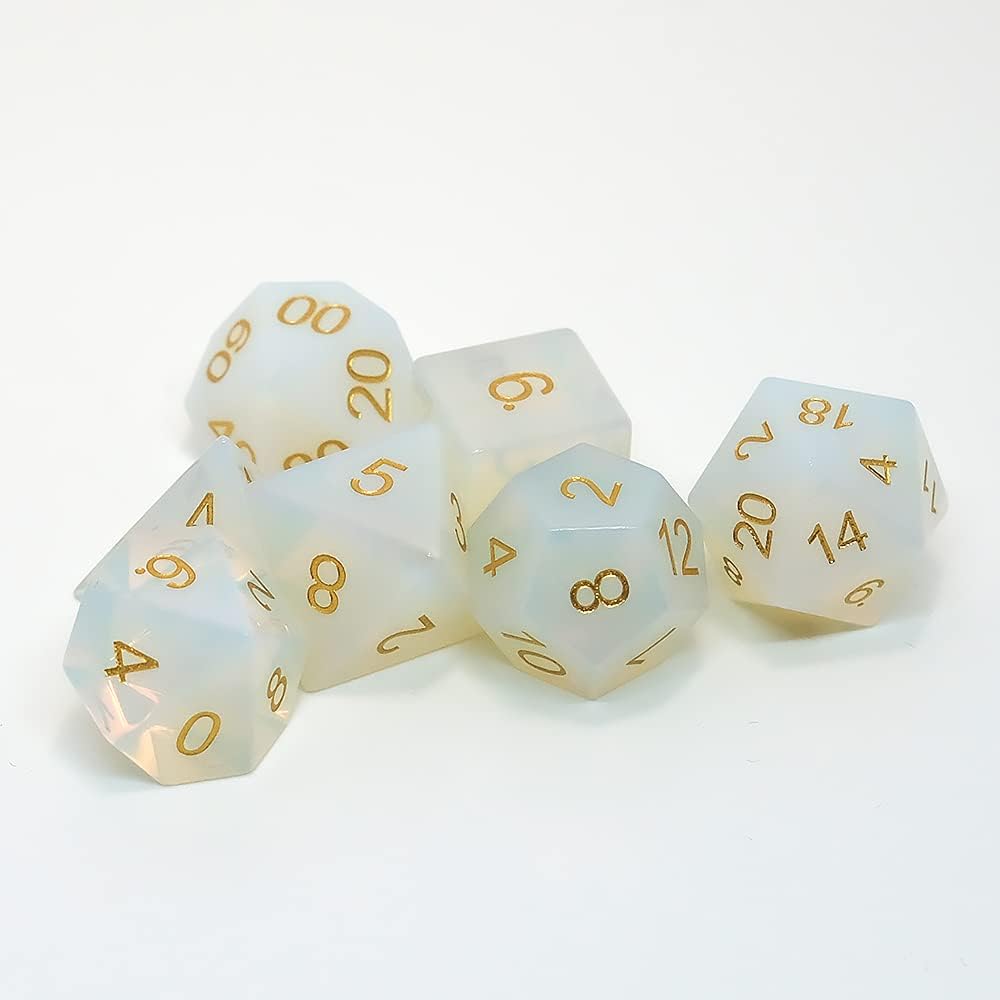 Pure Natural Gemstone Crystal Dice, Made of High-Tech Natural Stone. A Tandard Set of 7PCS Dice is Used for The DND D&D RPG MTG Tabletop Game (Opalite)