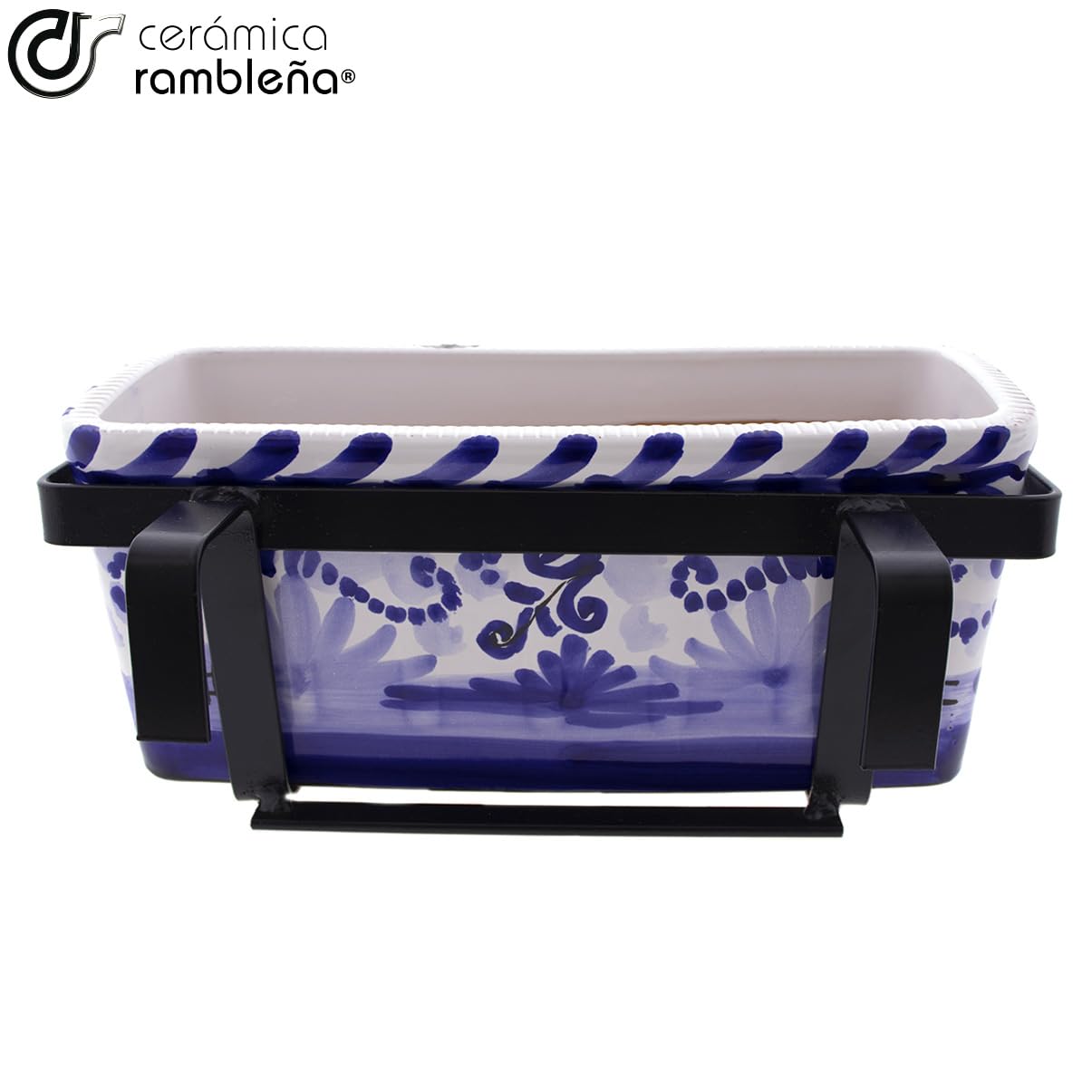 CERÁMICA RAMBLEÑA | Jardinera balcón | Jardinera Exteriores | Jardinera Rectangular | Jardinera montería Azul - Modelo J02 | 100% Decorada a Mano | 31x19.5x13.5 cm | Soporte forja balcón Incluido