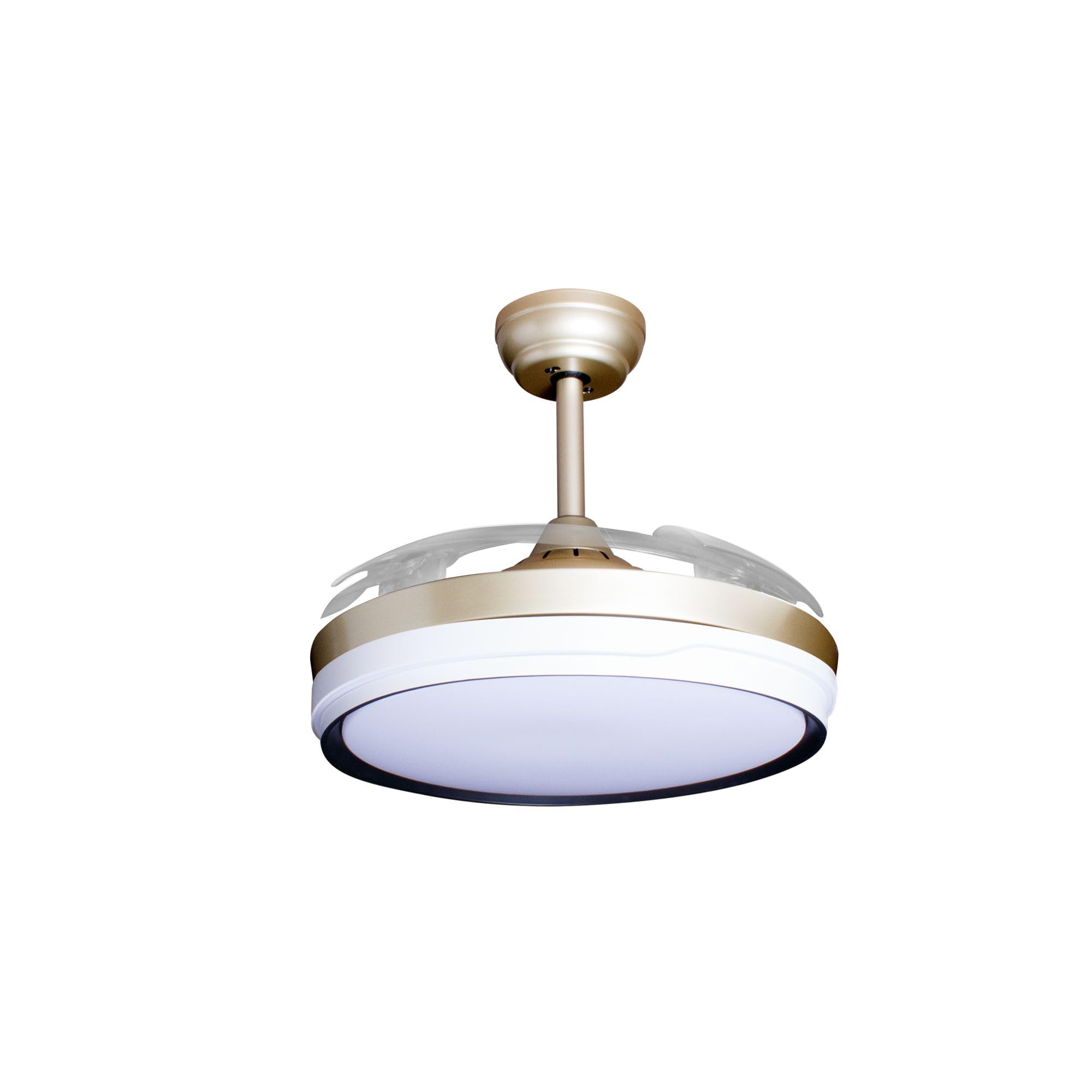 Eclipse Deckenventilator mit Beleuchtung, Leise mit 6 Windstufen, App | Fernbedienung, Sommer und Wintermodus, 4 transparente Rotorblätter, 4500 m³/h, CTT 3000 K-6500 K, Goldfarbene Basis, Kelora