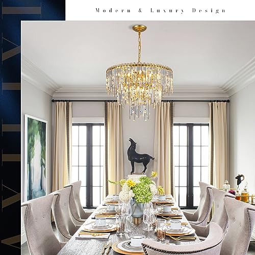 Image of Gold Crystal Chandeliers 24 inch Modern Round Light Fixture for Dining Room