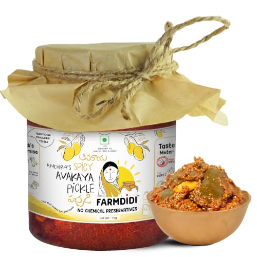 Image of Farm Didi Avakaya Pickle with Garlic in Fresh Homemade Spicy Andhra-Style Mango Achar Made with Groundnut Oil South Indian Avakai Mango Pickle Theekha Achaar No Chemical Preservatives (1kg)