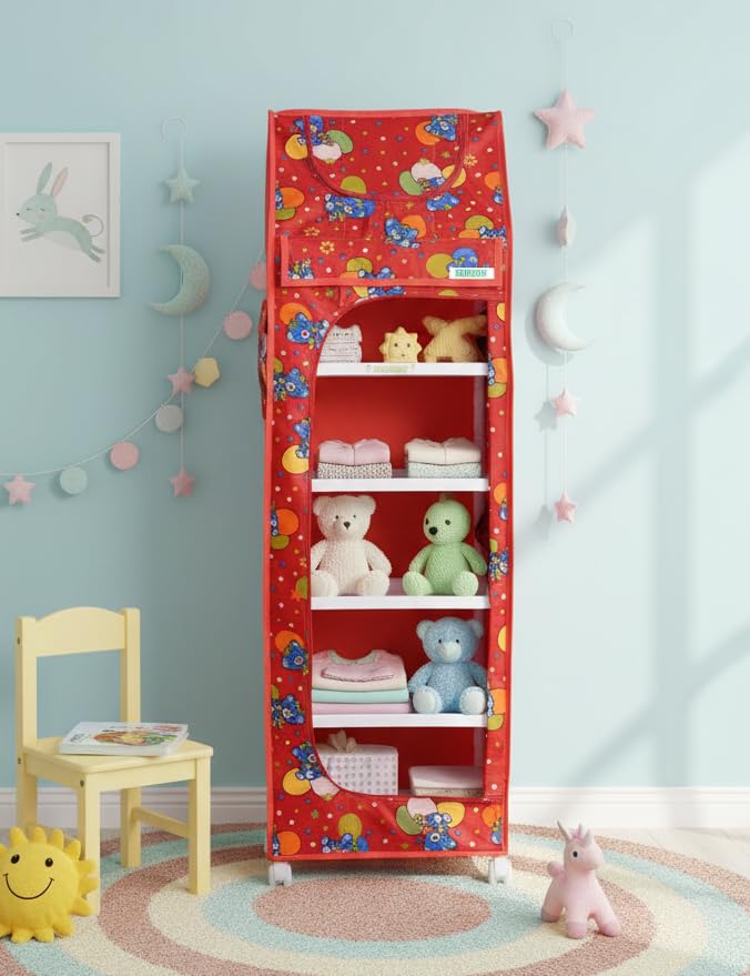 FLIPZON Multipurpose 6 Shelve Baby Wardrobe, Foldable, (Unbreakable Material) (Red) Plastic