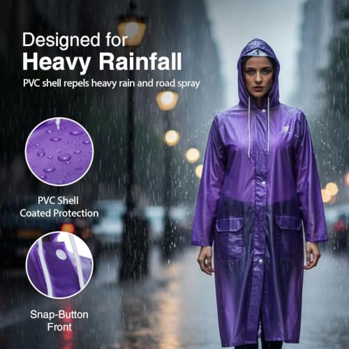 Image of Amazon Brand - Symactive Women's Raincoat | Waterproof Lightweight One Piece PVC Long Coat with Hood | Snap Buttons | Side Pocket | Drawstring Hood | Purple, M