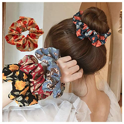 Woeoe Floral Hair Scrunchies Set Red Chiffon Hair Ties Stretchy Ponytail Holders Hair Accessory for Women and Girls (Pack of 5?