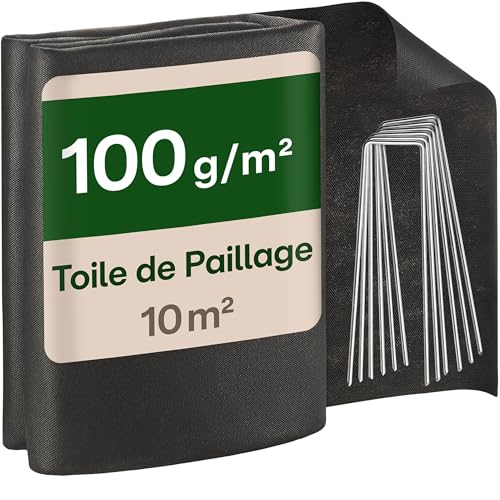 Praknu Toile de Paillage Anti Mauvaises Herbes 100g/m² avec 8 Piquets – Ultra Résistante & Anti-UV – 10² Toile Géotextile Imperméable & Anti-Déchirure – pour Jardins, Carrés Potagers & Terrasses