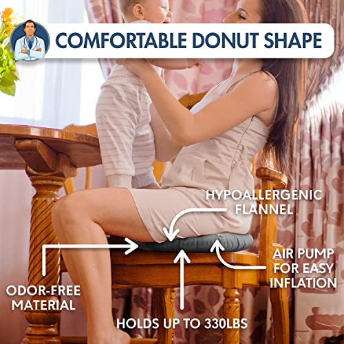 Dr. Frederick's Original Donut Pillow - 18" Inflatable Donut Cushion For Tailbone Pain Relief - Donut Pillow Seat Cushion For Hemorrhoids, Bed Sores, Prostatitis - Gray #TOP4