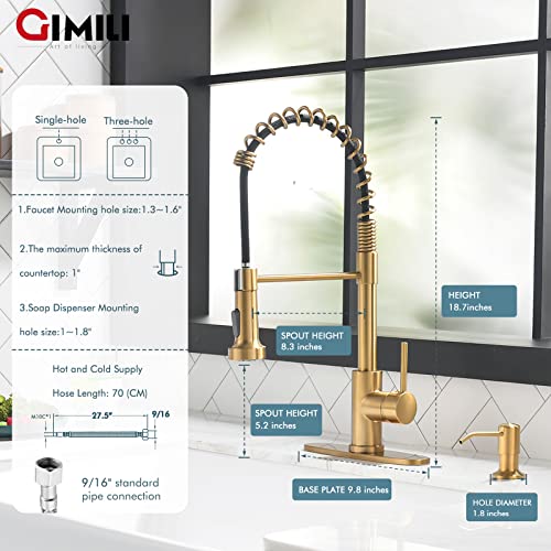 Image of GIMILI Brushed Gold Kitchen Faucet with Soap Dispenser, Commercial Single Handle Spring Pull Out Kitchen Sink Faucets with Pull Down Sprayer