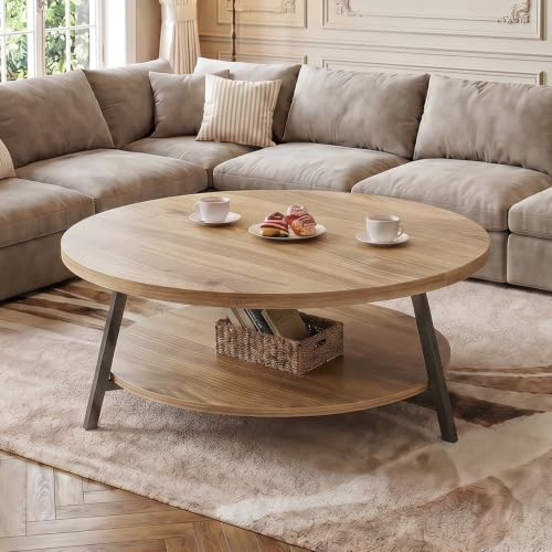Image of Armocity 35.4 inch Round Wood Coffee Table with 2-Tier Storage, 1 inch Thick Top