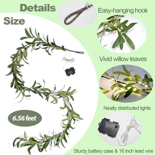 Image of 6.56FT Lighted Olive Garland with Lights 96 LED 8 Modes Battery Operated with Timer Artificial Greenery Vine Garland with Lights for Mantel Fireplace Table Wall Patio Wedding Holiday Spring Decoration
