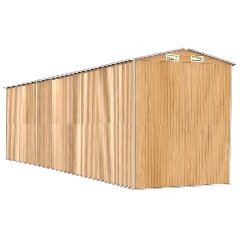 Abri de jardin marron clair 192 x 772 x 223 cm en acier galvanisé avec ouvertures d'aération et doubles portes coulissantes pour un accès facile, beaucoup d'espace de rangement pour outils