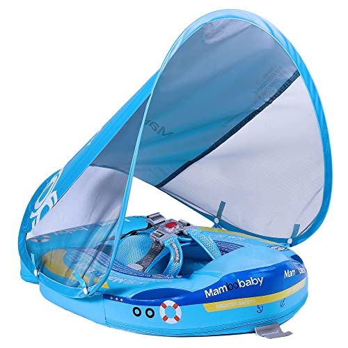 Image of Mambobaby Float Upgrade Add Tail Baby Float with Canopy for Infant Waist Swimming Ring Swim Trainer Non-Inflatable Floats Toys with Adjustable Safety Strap (Blue Steamship)