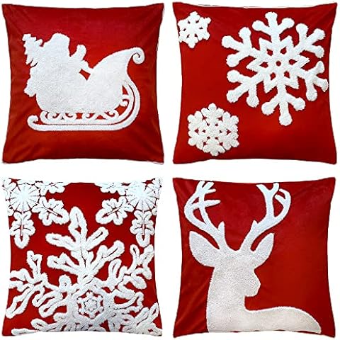 WOMHOPE Christmas Throw Pillow Covers Velvet Embroidery Vintage Cushion Covers for Decoration Sofa Couch Bed Santa Deer Snowflake Set of 4 (Red) Cover