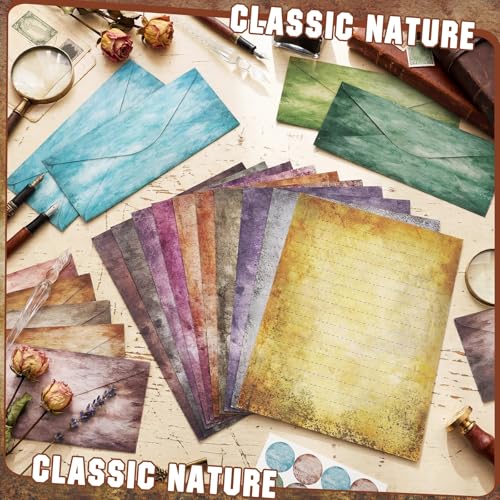 Image of TaoBary 160 Pcs Stationery Paper Set 50 Double Sided Stationery Paper with 50 Matching Envelope and 60 Round Dot Sticker, 10 Design (Vintage Colors,8.5 x 11 Inch)