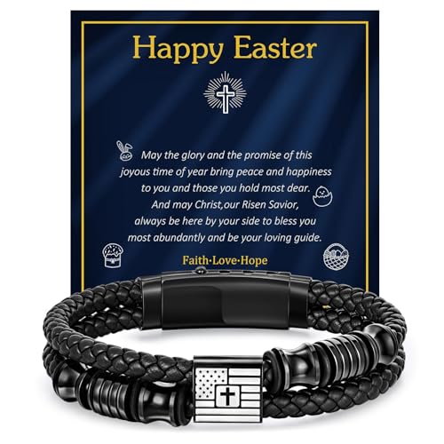VNOX Easter Gift for Men Braided Leather Bible Verse American Flag Cross Bracelet Gift Faith Jewelry Religious Easter Gifts for Young Men Teenage,Adjustable Wristband,4