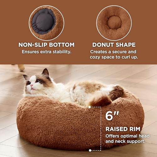 Image of Bedsure Calming Cat Beds for Indoor Cats - Small Cat Bed Washable 20 inches, Anti-Slip Round Fluffy Plush Faux Fur Pet Bed, Fits up to 15 lbs Pets, Copper
