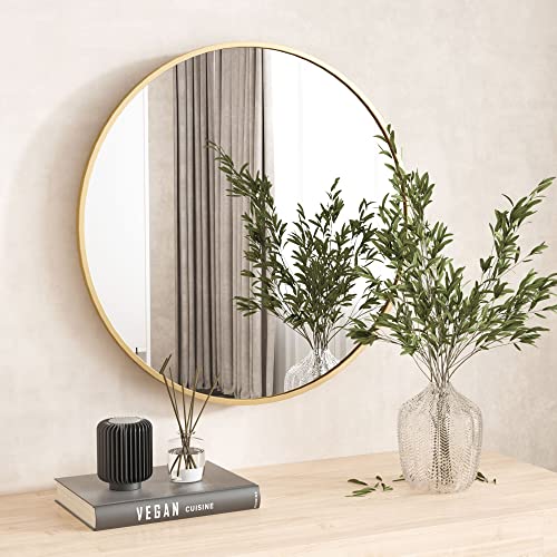 Image of HARRITPURE Round Mirror 15.7 Gold Wall Mounted Circle Mirrors Vanity Mirror with Brushed Aluminum Alloy Frame Modern Decoration for Bathroom, Living Room, Vanity, Bedroom, Entryway