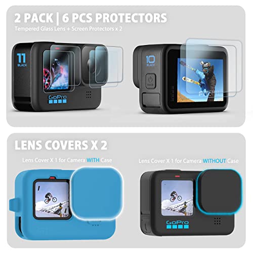 Fitstill Blue Silicone Sleeve Case For Go Pro Hero 11 Hero 10 Hero 9 Black, Battery Side Cover&Screen Protectors&Lens Caps&Lanyard For Go Pro Hero 11 /10 / 9 Accessories Kit #TOP3