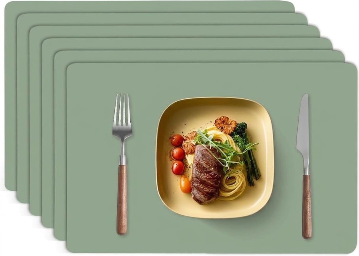 Silicone Placemat for Table set of 6 Reusable Washable Non-Slip Nonstick Heat Resistant Waterproof Craft Mat Placemats for Kitchen Baking Restaurant Office Desk 30X40cm(GreenA)