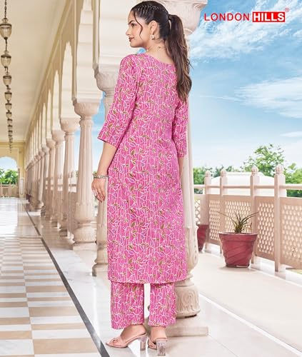 Image of London Hills Women Printed Kurta with Pant Salwar Suit Set || Plazo Kurti Cotton Set