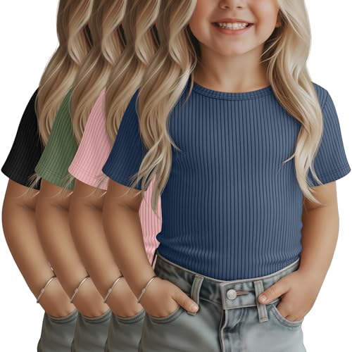 LessonZoo 4 Pack Toddler Girls Short Sleeve Shirts Cotton Ribbed Knit Crew Neck Tops Kids Slim Fit Summer Basic Soft Tees(Black, Dark Green, Light Pink, Haze Blue,2T)