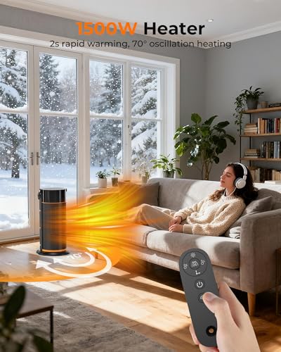 Calefactor y Bajo Consumo Negro - 2000W Cerámico PTC, 4 Niveles de Potencia y 70° Oscilación, Control Remoto, Protección contra Vuelcos y Sobrecalentamiento, Calentador para Dormitorios/Oficinas/Salón - imagen 2