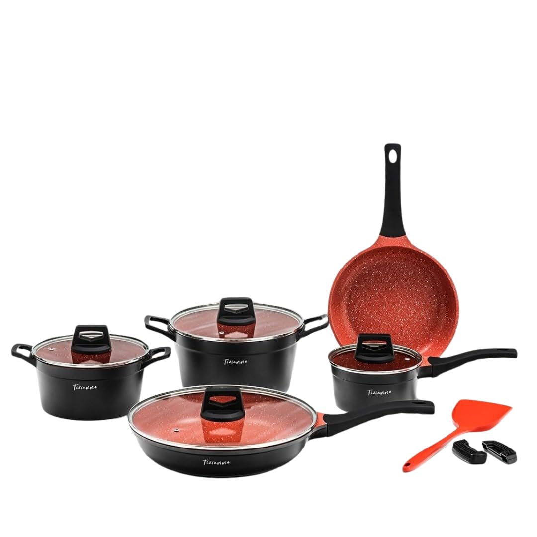 Tizianno Juego 12 Piezas Sartenes Ollas Antiadherentes Inducción Premium, Batería Cocina Saludable Aluminio 6 Capas sin PFOA, Revestimiento Granito Vitrocerámica Gas