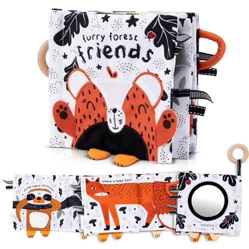 Image of Soft Baby Book with Touch and Feel Pages - Cute Tummy Time Toy for Babies 0-6 Months with Mirror & Crinkle Paper - The Perfect Black and White Sensory Toy for Baby Showers & as a Newborn/Infant Gift