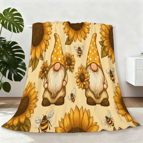 Kuscheldecke Flanell Decke Überwurf - Cartoon Sonnenblume Gnom Biene Druck Wohndecke Weiche Fleecedecke als Sofadecke Couchdecke Sofaüberwurf Bettüberwurf Tagesdecke (100×130 cm, Gelb Braunes)