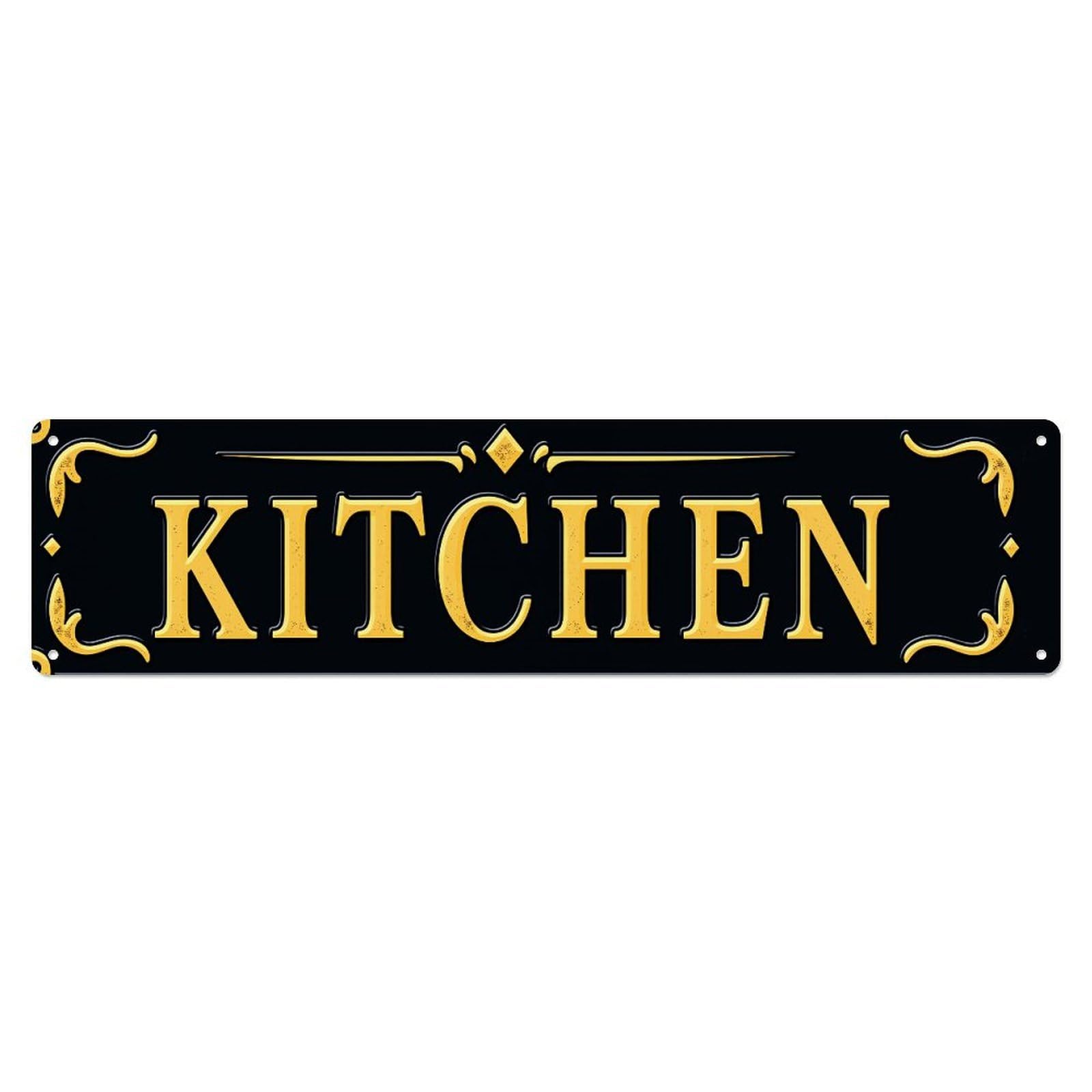 Golden Ornate Kitchen Sign Pattern Tin Sign Vintage Metal Poster Retro Bar, Home, Man Cave, Kitchen, Laundry Room Wall Art Decor Gift 4x16 Inch