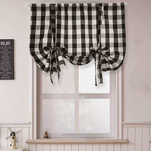Xslive Plaid Shades Curtains Balloon Window Shade Kitchen Rod Pocket Curtain Adjustable Tie Up Shades For Small Windows Living Room Window Treatment Tiers With 1 Panels (24"X47", Black And White) #TOP6