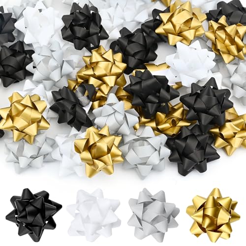 Satiskid 48 lazos de regalo, lazos autoadhesivos para regalos de Navidad, bodas y cumpleaños, 4 colores para envolver regalos, mini lazos de 5 cm para envolver regalos