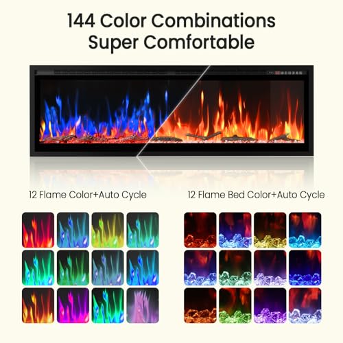 Image of 60 inch Smart Electric Fireplace with Voice Control, Realistic Flame, Crackling Sound, Wall Mounted or Recessed Fireplace Insert, App /Remote Control, Logs & Crystals Included for Living Room, Bedroom