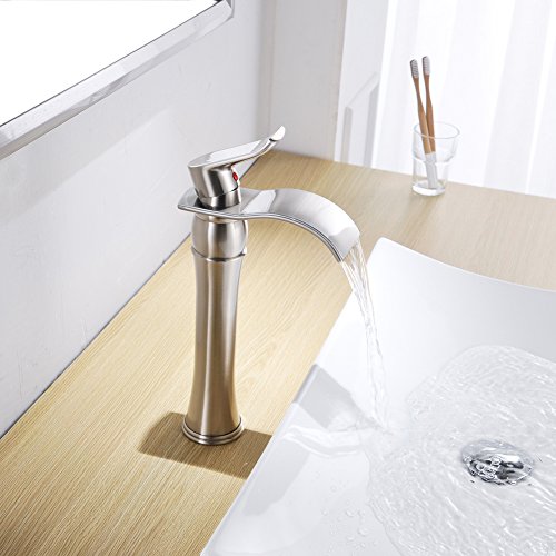 Bwe Vessel Sink Faucet Brushed Nickel Single Hole Commercial Waterfall Bathroom Faucet With Pop Up Drain Without Overflow And Supply Line Modern Tall Faucet Bath Sink Lavatory Mixer Water Tap #TOP4