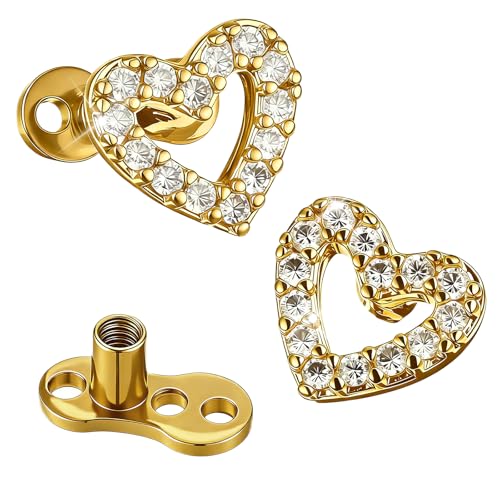 2Pcs Heart Dermal Jewelry Tops 14G Cubic Zirconia Dermal Piercing 316l Surgical Steel Fake Dermals Piercing Internally Threaded Studs for Women Men(Gold)