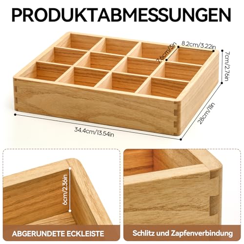 KIRIGEN Holz Teebox Organizer mit 12 Fächern - Teebeutel Aufbewahrungsbox für Küche, Büro & Zuhause - Vielseitige Teebeutelhalter aus Massivholz für Teebeutel, Kaffee & Gewürze natürliche Farbe