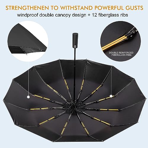 Image of Alexvyan 12 Ribs UV Protection Large Travel Automatic Umbrella Windproof for Rain & Sun, Strong Compact Umbrella for Men & Women, Wind Resistant, Portable Folding Umbrellas for Backpack, Car (Black)