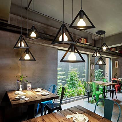 Image of JACKAL 3 Set Vintage Triangle Shape Pendant Light | Hanging Ceiling Light with Braided Cord | Decorative, Fancy Lights for Home, Living Room, cafe, Restaurants & Bar (Black) - with Bulb