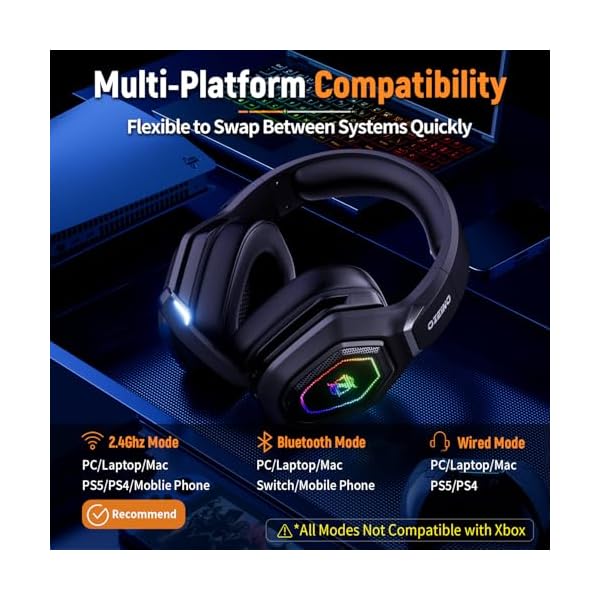 Ozeino Wireless Gaming Headset, Compatible with PC Ps5 Ps4 Boasts 2.4GHz Lossless Audio, USB & Type-C, Flip Microphone and 40-Hr Battery - Suited for Switch, Laptop, Mac - Image 4