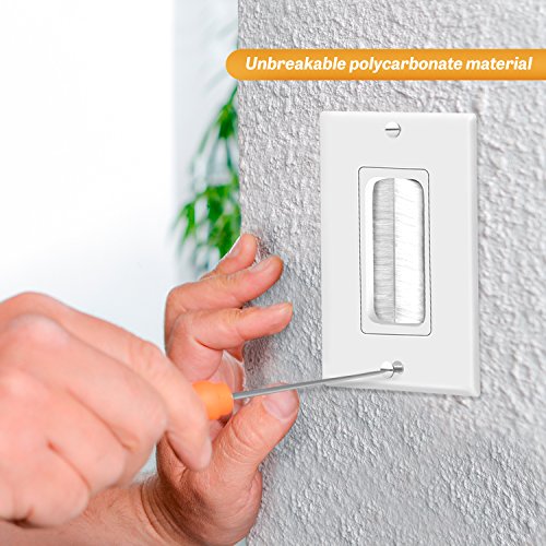 Topgreener 6 Pack Bristled Brush Wall Plate Multimedia Pass-Through Insert For Low Voltage Cables, Hdmi Cables, Coaxial Cables, Speaker Wires, Home Theater Systems, Size 1-Gang 4.50" X 2.75", White #TOP5