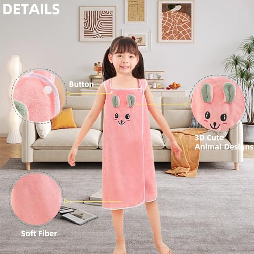 Kids Toddlers Bath Towel Wrap, Cartoon Rabbit Cute Girls Soft Beach Robe Bathing Shower Cover Up Bathrobe Sleepwear3